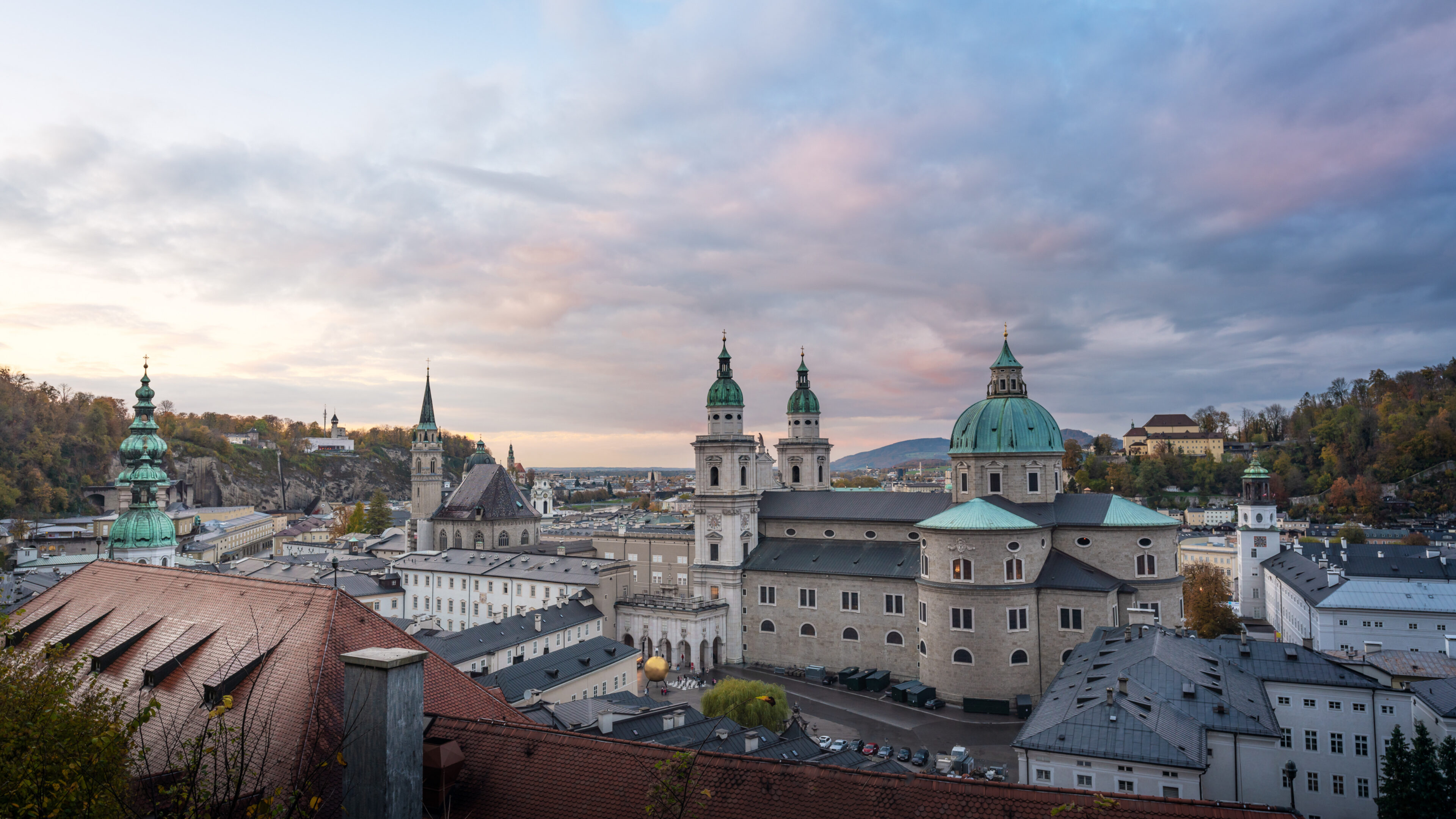 Aerial view of salzburg skyline at sunset salzbug