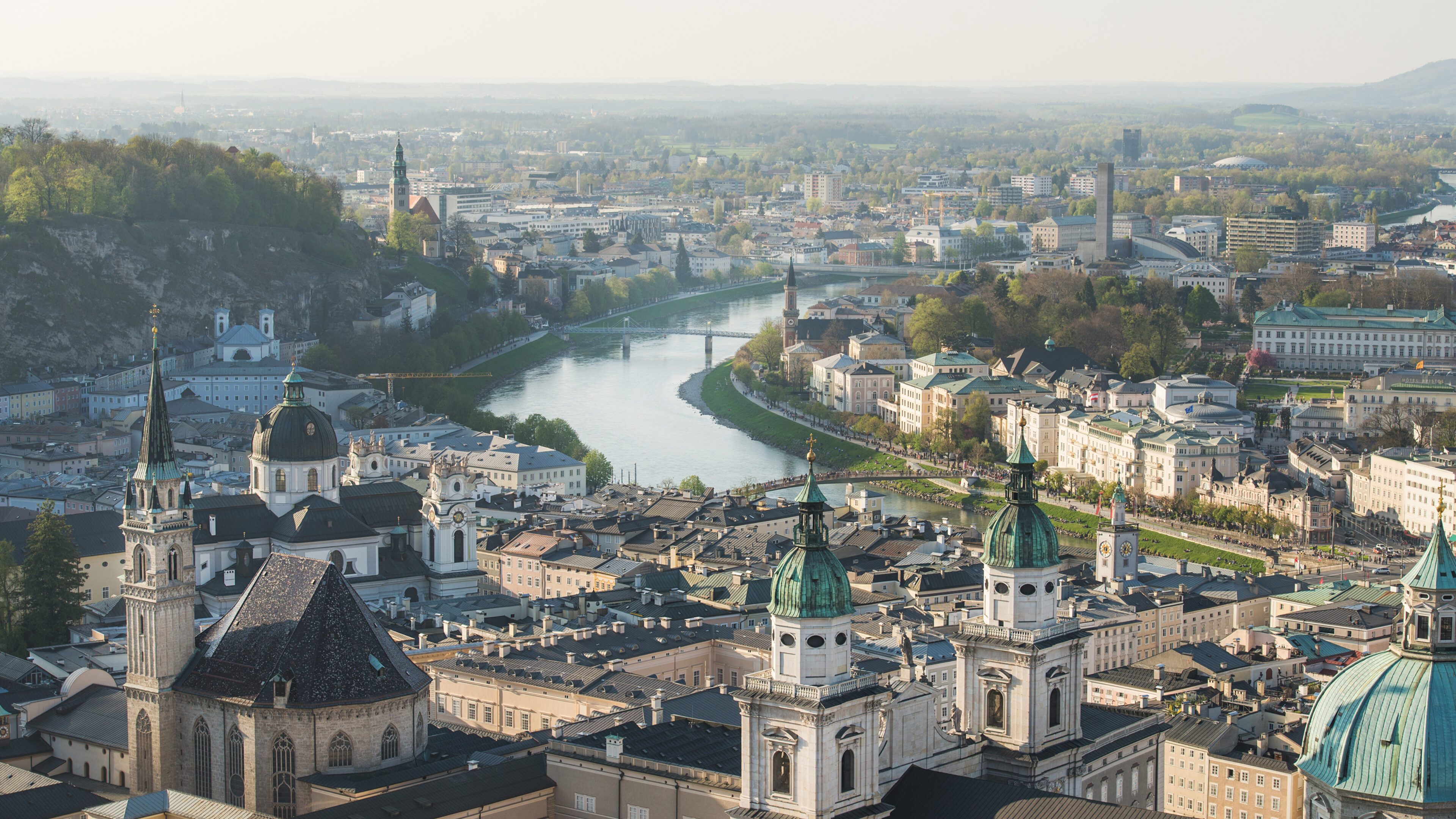 Scenic view over old town center of salzburg aust